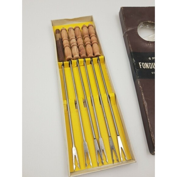 6 Piece Color Coded 10" Stainless Steel Fondue Forks Cheese Fruit Chocolate - Picture 2 of 5